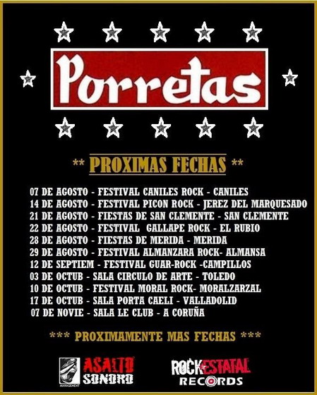 En la agenda podéis consultar los conciertos de Porretas para este verano en un buen número de festivales y también alguna sala para el otoño.