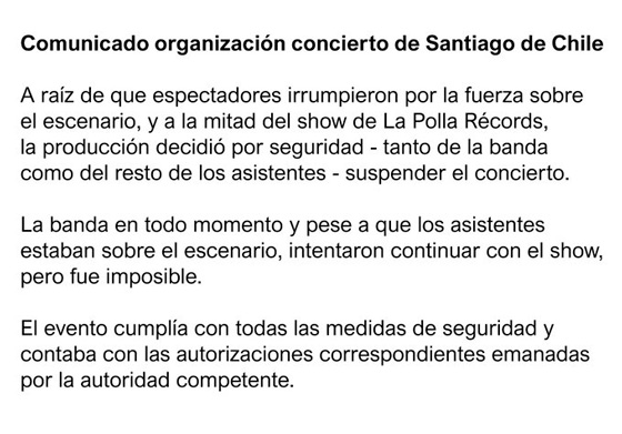 Comunicado sobreo la suspensión del concierto de La Polla Records en Santiago de Chile