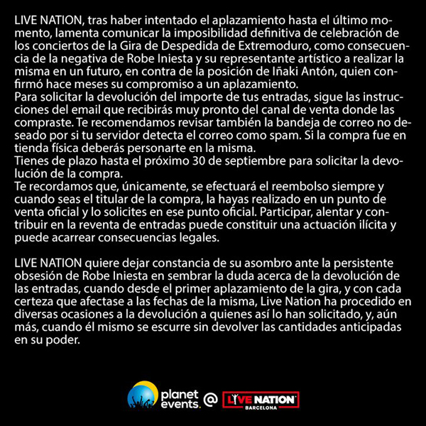 Comunicado Live Nation Devolución Entradas despedida Extremoduro