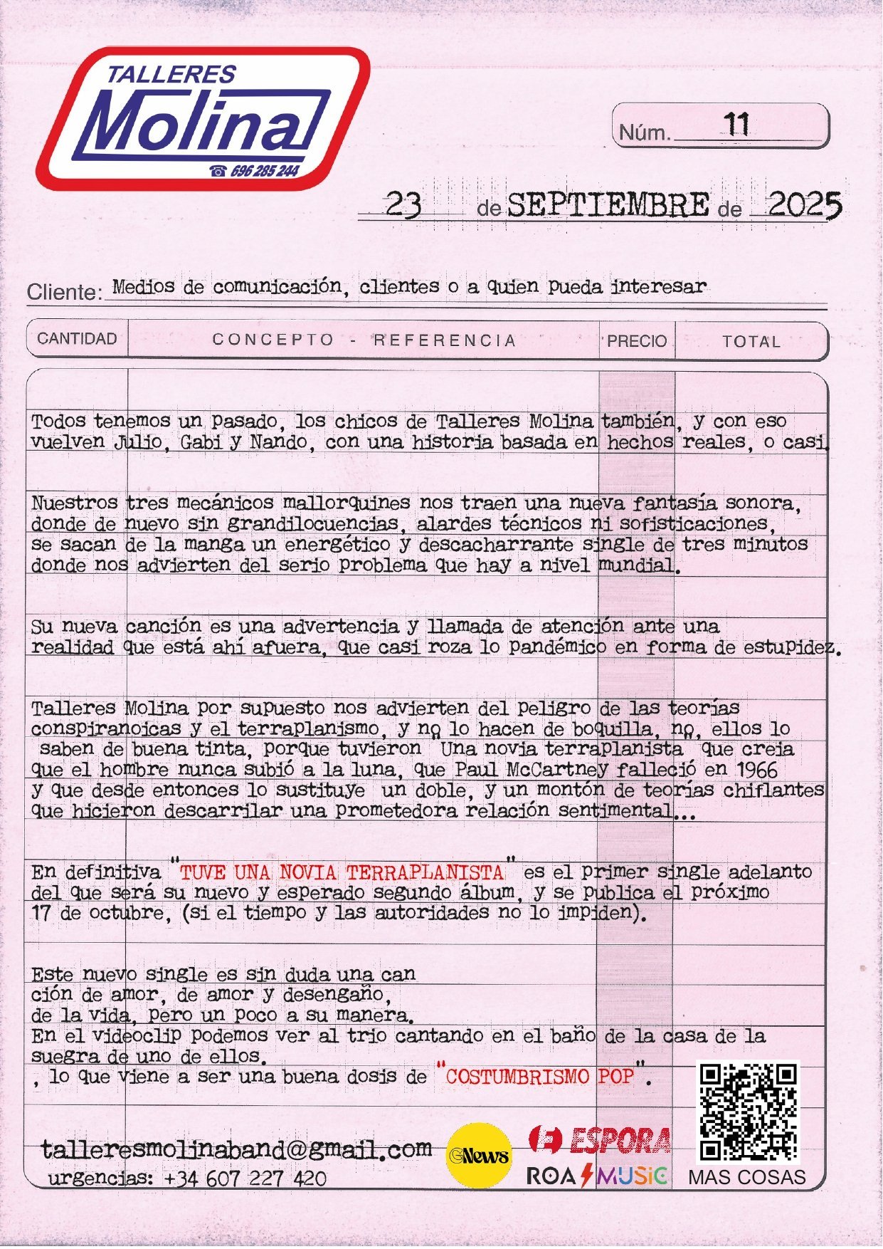 Talleres Molina adelantan ‘Tuve una novia terraplanista’, primer avance de su disco de 2026